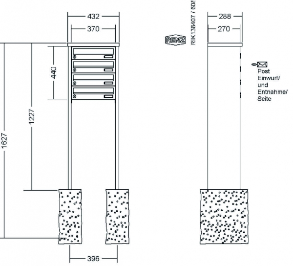 RENZ Briefkastenanlage freistehend, Tetro, Edelstahl V4A, Kastenformat 370x110x270mm, 4-teilig